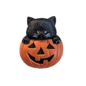 Vintage Enesco Black Cat in Jack O Lantern Pumpkin Brooch Pin Halloween Jewelry